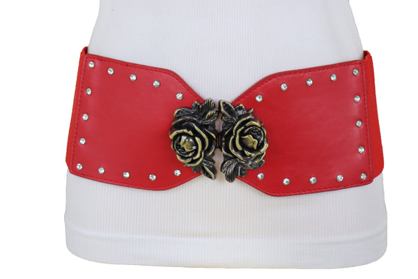 Brand New Women Elastic Red Fashion Belt Hip High Waist Gold Rose Metal Buckle Size S M