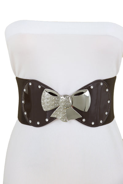 Brand New Women Dark Brown Wide Fashion Belt Silver Metal Bow Tie Ribbon Buckle Size S M