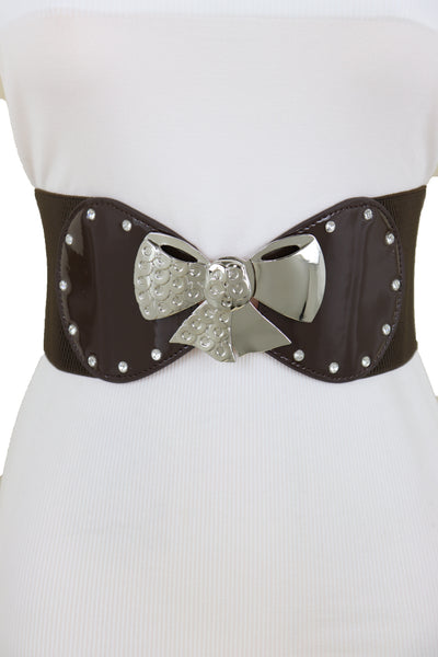 Brand New Women Dark Brown Wide Fashion Belt Silver Metal Bow Tie Ribbon Buckle Size S M