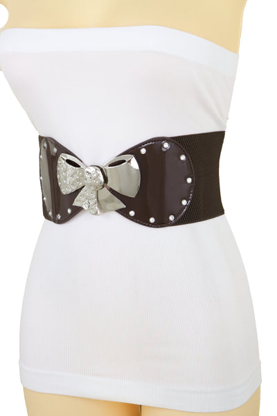 Brand New Women Dark Brown Wide Fashion Belt Silver Metal Bow Tie Ribbon Buckle Size S M