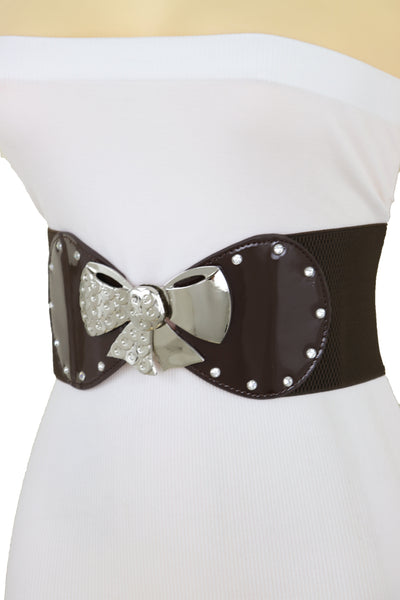 Brand New Women Dark Brown Wide Fashion Belt Silver Metal Bow Tie Ribbon Buckle Size S M