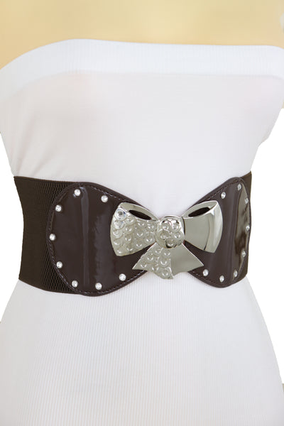 Brand New Women Dark Brown Wide Fashion Belt Silver Metal Bow Tie Ribbon Buckle Size S M