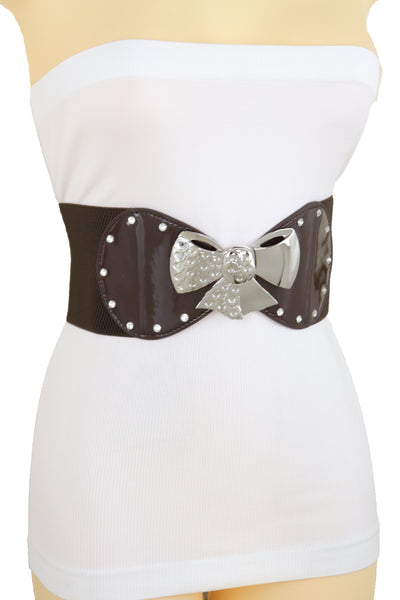 Brand New Women Dark Brown Wide Fashion Belt Silver Metal Bow Tie Ribbon Buckle Size S M
