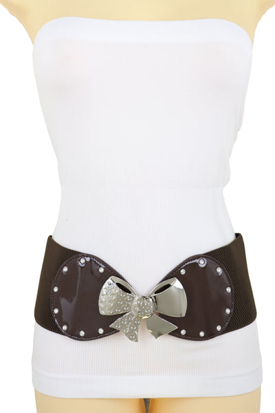 Brand New Women Dark Brown Wide Fashion Belt Silver Metal Bow Tie Ribbon Buckle Size S M