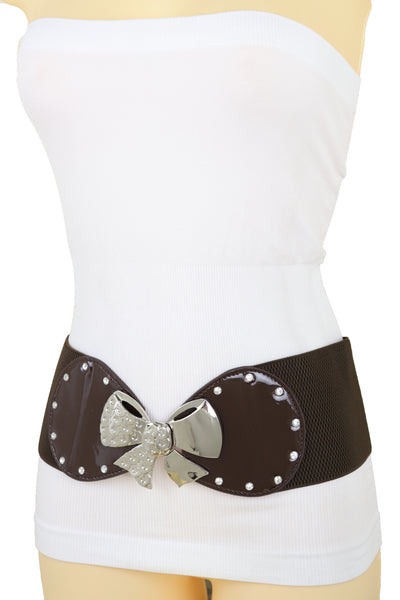 Brand New Women Dark Brown Wide Fashion Belt Silver Metal Bow Tie Ribbon Buckle Size S M