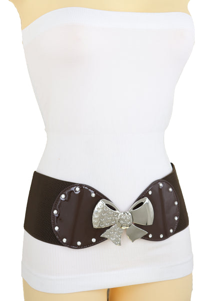Brand New Women Dark Brown Wide Fashion Belt Silver Metal Bow Tie Ribbon Buckle Size S M