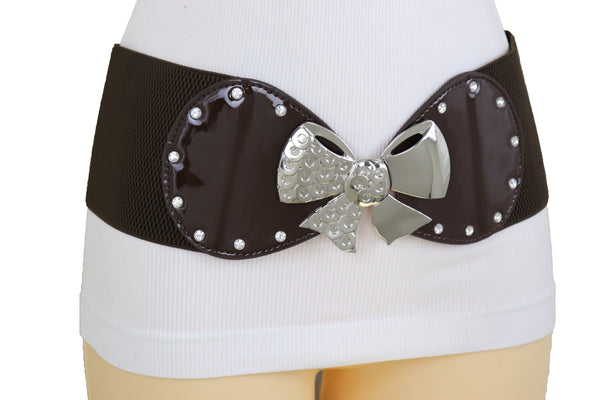 Brand New Women Dark Brown Wide Fashion Belt Silver Metal Bow Tie Ribbon Buckle Size S M