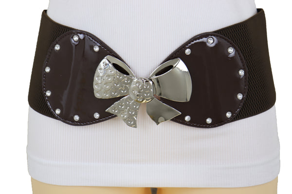 Brand New Women Dark Brown Wide Fashion Belt Silver Metal Bow Tie Ribbon Buckle Size S M