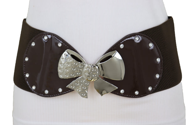 Brand New Women Dark Brown Wide Fashion Belt Silver Metal Bow Tie Ribbon Buckle Size S M