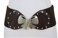 Dark Brown Wide Fashion Belt Silver Metal Bow Tie Ribbon Buckle Size S M