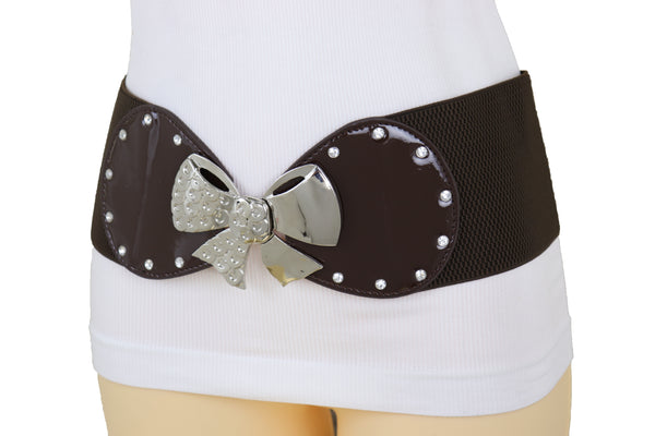 Brand New Women Dark Brown Wide Fashion Belt Silver Metal Bow Tie Ribbon Buckle Size S M