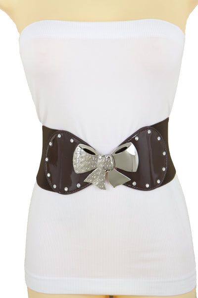 Brand New Women Dark Brown Wide Fashion Belt Silver Metal Bow Tie Ribbon Buckle Size S M