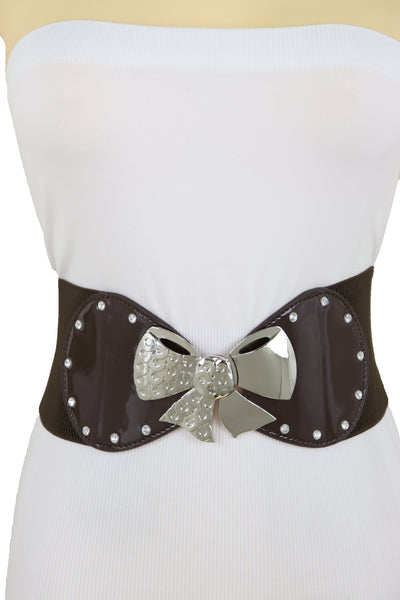 Brand New Women Dark Brown Wide Fashion Belt Silver Metal Bow Tie Ribbon Buckle Size S M