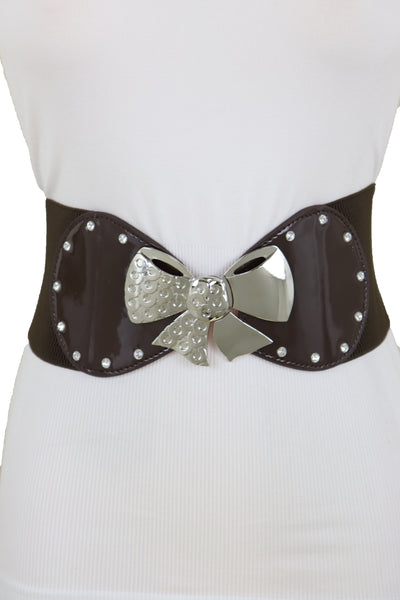 Brand New Women Dark Brown Wide Fashion Belt Silver Metal Bow Tie Ribbon Buckle Size S M