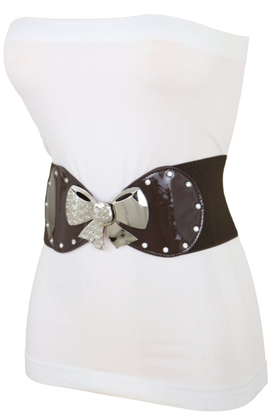 Brand New Women Dark Brown Wide Fashion Belt Silver Metal Bow Tie Ribbon Buckle Size S M