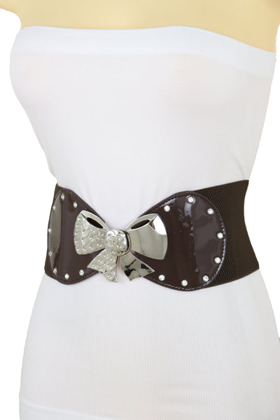 Brand New Women Dark Brown Wide Fashion Belt Silver Metal Bow Tie Ribbon Buckle Size S M