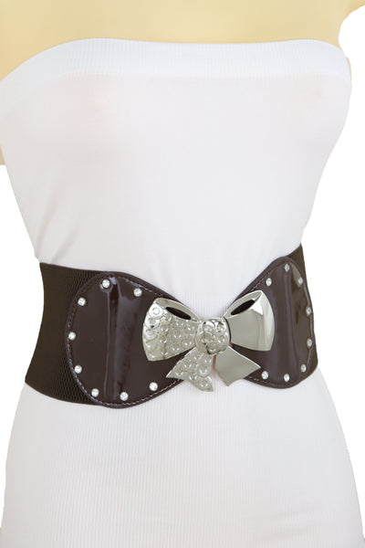 Brand New Women Dark Brown Wide Fashion Belt Silver Metal Bow Tie Ribbon Buckle Size S M