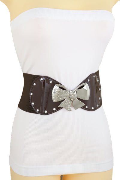 Brand New Women Dark Brown Wide Fashion Belt Silver Metal Bow Tie Ribbon Buckle Size S M