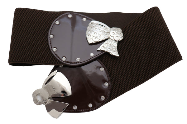 Brand New Women Dark Brown Wide Fashion Belt Silver Metal Bow Tie Ribbon Buckle Size S M