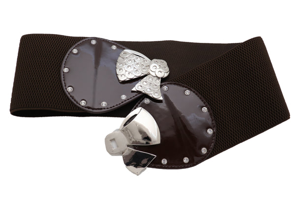 Brand New Women Dark Brown Wide Fashion Belt Silver Metal Bow Tie Ribbon Buckle Size S M