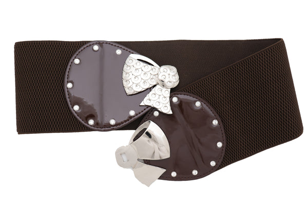 Brand New Women Dark Brown Wide Fashion Belt Silver Metal Bow Tie Ribbon Buckle Size S M