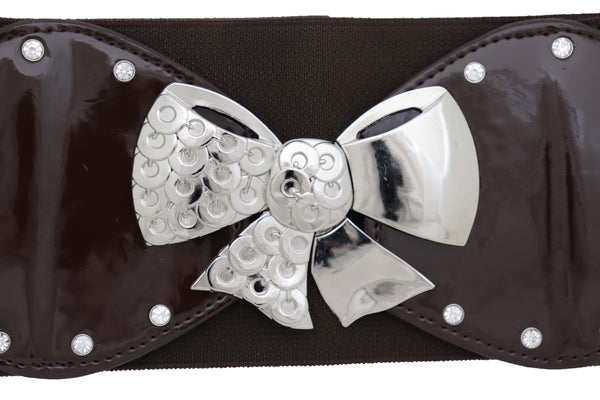 Brand New Women Dark Brown Wide Fashion Belt Silver Metal Bow Tie Ribbon Buckle Size S M