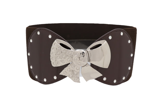 Brand New Women Dark Brown Wide Fashion Belt Silver Metal Bow Tie Ribbon Buckle Size S M