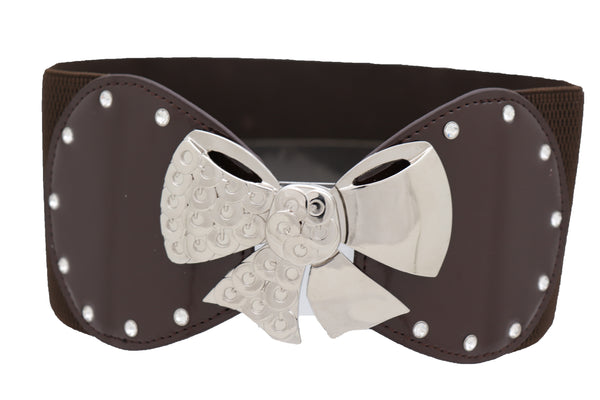 Brand New Women Dark Brown Wide Fashion Belt Silver Metal Bow Tie Ribbon Buckle Size S M