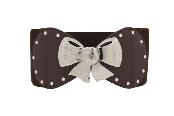 Brand New Women Dark Brown Wide Fashion Belt Silver Metal Bow Tie Ribbon Buckle Size S M