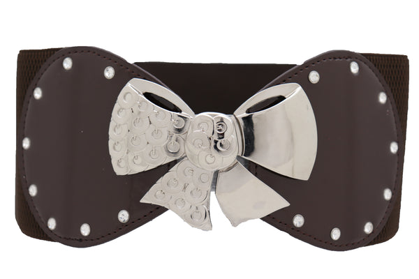 Brand New Women Dark Brown Wide Fashion Belt Silver Metal Bow Tie Ribbon Buckle Size S M