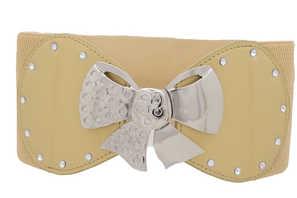 Brand New Women Wide Gold Stretch Fashion Belt Hip High Waist Metal Bow Tie Buckle Fit S M