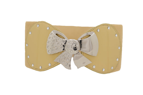 Brand New Women Wide Gold Stretch Fashion Belt Hip High Waist Metal Bow Tie Buckle Fit S M