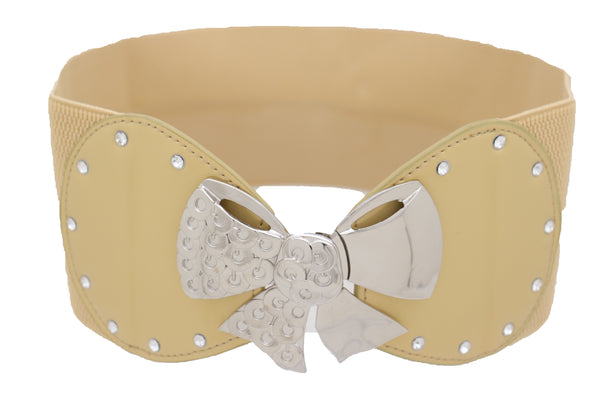 Brand New Women Wide Gold Stretch Fashion Belt Hip High Waist Metal Bow Tie Buckle Fit S M