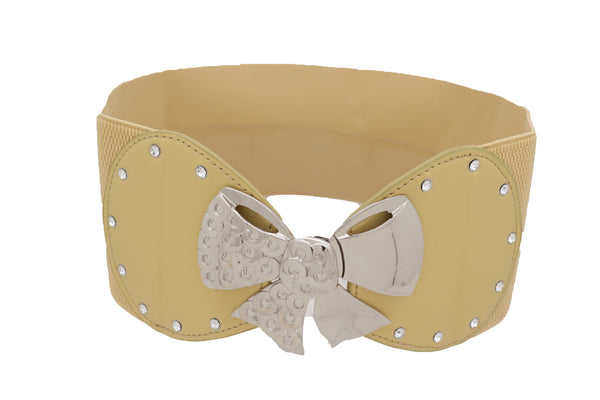 Brand New Women Wide Gold Stretch Fashion Belt Hip High Waist Metal Bow Tie Buckle Fit S M