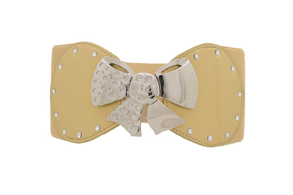 Brand New Women Wide Gold Stretch Fashion Belt Hip High Waist Metal Bow Tie Buckle Fit S M