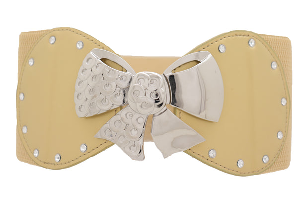 Brand New Women Wide Gold Stretch Fashion Belt Hip High Waist Metal Bow Tie Buckle Fit S M