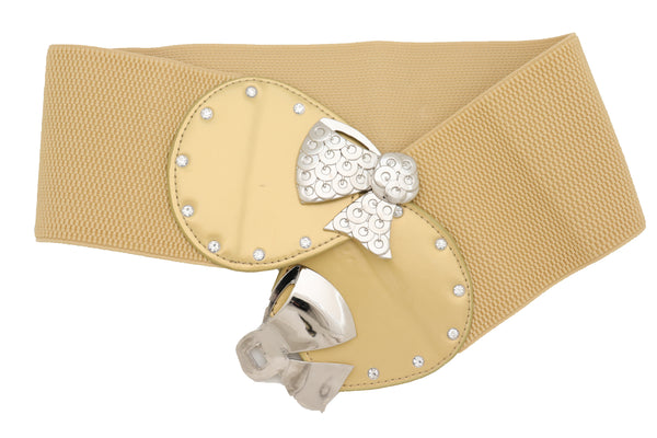 Brand New Women Wide Gold Stretch Fashion Belt Hip High Waist Metal Bow Tie Buckle Fit S M