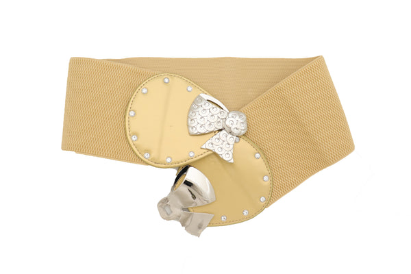 Brand New Women Wide Gold Stretch Fashion Belt Hip High Waist Metal Bow Tie Buckle Fit S M