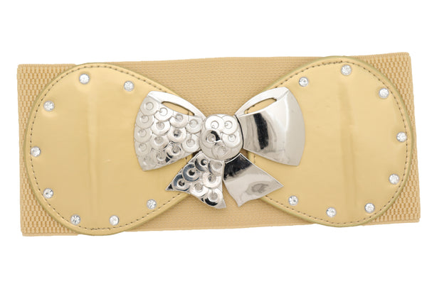 Brand New Women Wide Gold Stretch Fashion Belt Hip High Waist Metal Bow Tie Buckle Fit S M