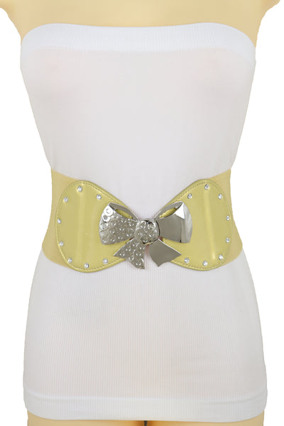 Brand New Women Wide Gold Stretch Fashion Belt Hip High Waist Metal Bow Tie Buckle Fit S M