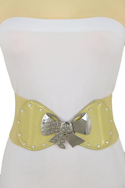 Brand New Women Wide Gold Stretch Fashion Belt Hip High Waist Metal Bow Tie Buckle Fit S M