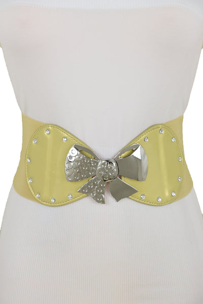 Brand New Women Wide Gold Stretch Fashion Belt Hip High Waist Metal Bow Tie Buckle Fit S M