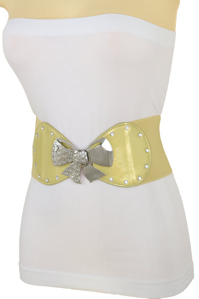 Brand New Women Wide Gold Stretch Fashion Belt Hip High Waist Metal Bow Tie Buckle Fit S M