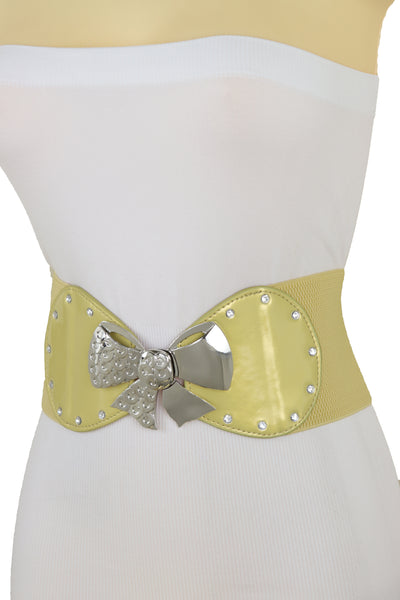 Brand New Women Wide Gold Stretch Fashion Belt Hip High Waist Metal Bow Tie Buckle Fit S M
