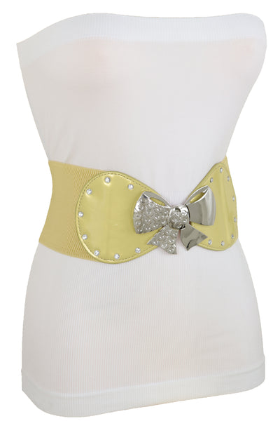 Brand New Women Wide Gold Stretch Fashion Belt Hip High Waist Metal Bow Tie Buckle Fit S M