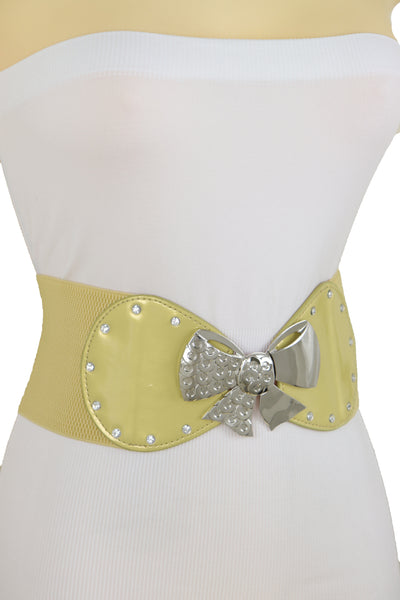 Brand New Women Wide Gold Stretch Fashion Belt Hip High Waist Metal Bow Tie Buckle Fit S M