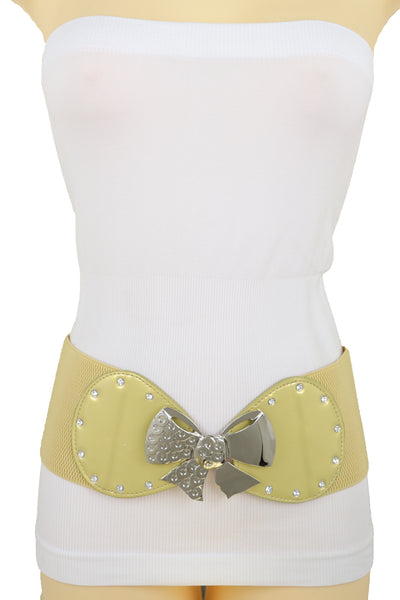 Brand New Women Wide Gold Stretch Fashion Belt Hip High Waist Metal Bow Tie Buckle Fit S M