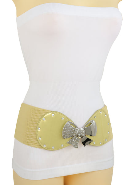 Brand New Women Wide Gold Stretch Fashion Belt Hip High Waist Metal Bow Tie Buckle Fit S M