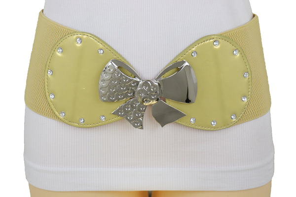 Brand New Women Wide Gold Stretch Fashion Belt Hip High Waist Metal Bow Tie Buckle Fit S M