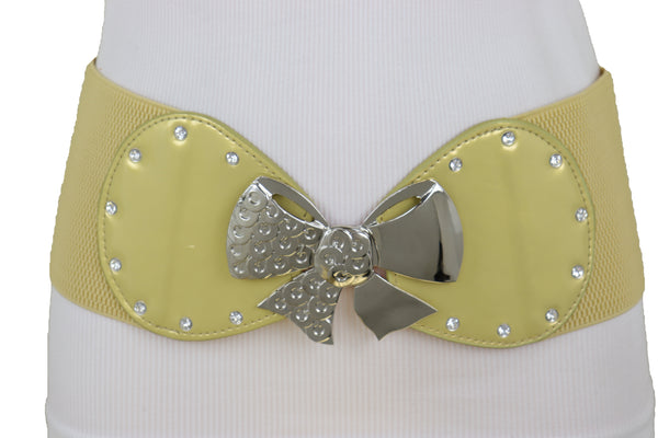 Brand New Women Wide Gold Stretch Fashion Belt Hip High Waist Metal Bow Tie Buckle Fit S M